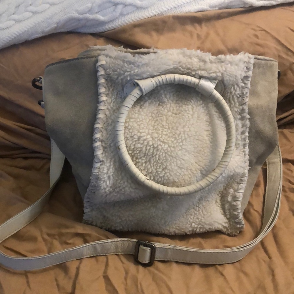 Free People Sherpa leather bucket handbag hoop handles crossbody.